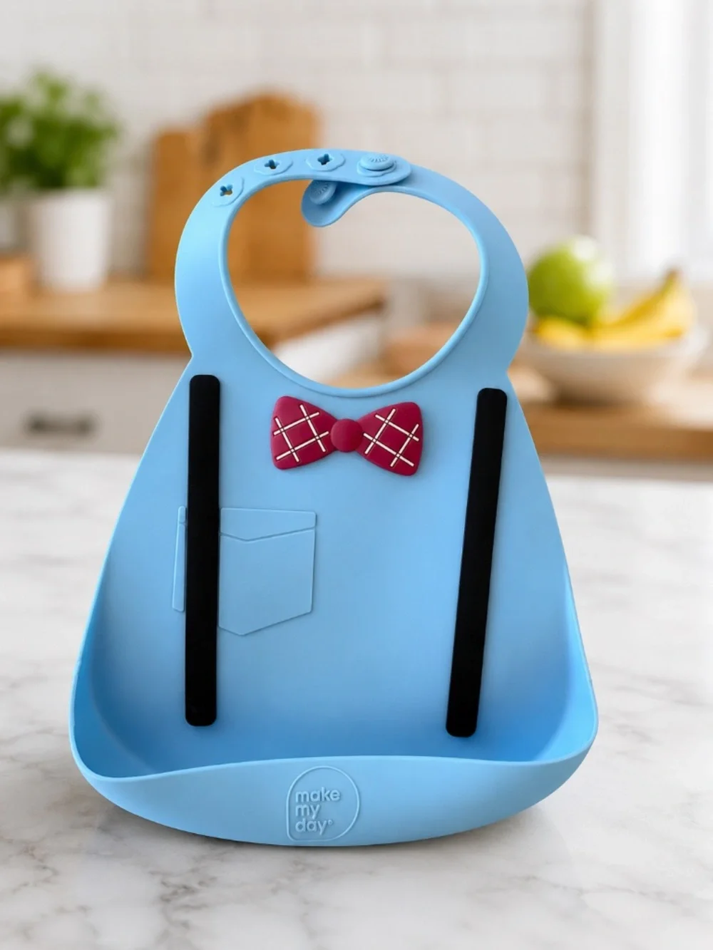 Make My Day Silicone Baby Bib – Adjustable – Blue with Bow Tie